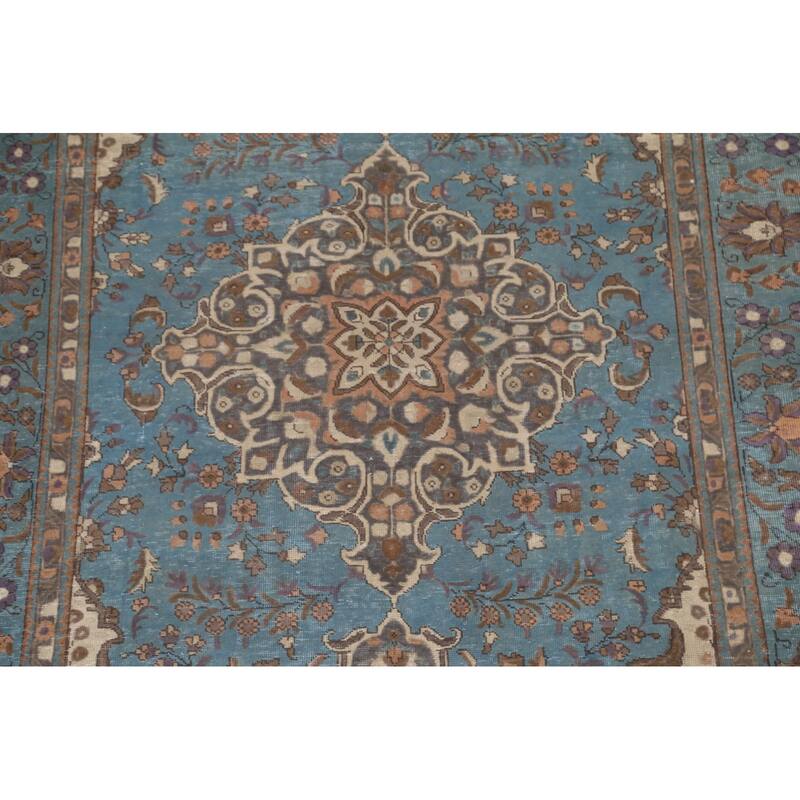 Over-Dyed Blue Tabriz Persian Vintage Rug Hand-Knotted Wool Carpet - 6'6"x 10'0"
