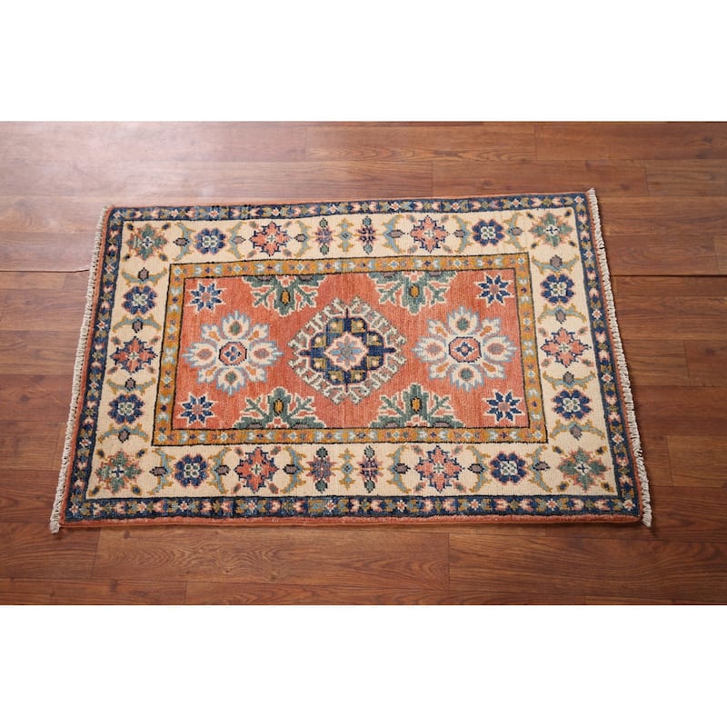 Geometric Kazak Accent Rug Handmade Orange Wool Carpet - 2'0" x 3'0"