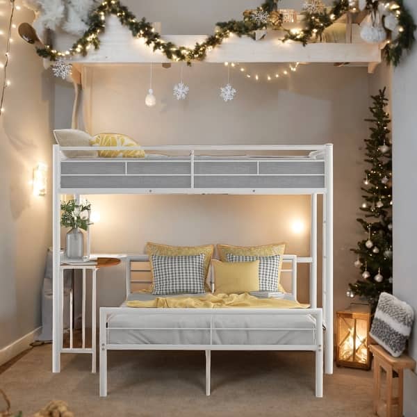 slide 2 of 12, Twin Over Full Metal Bunk Bed with Desk, Ladder and Quality Slats for Bedroom White