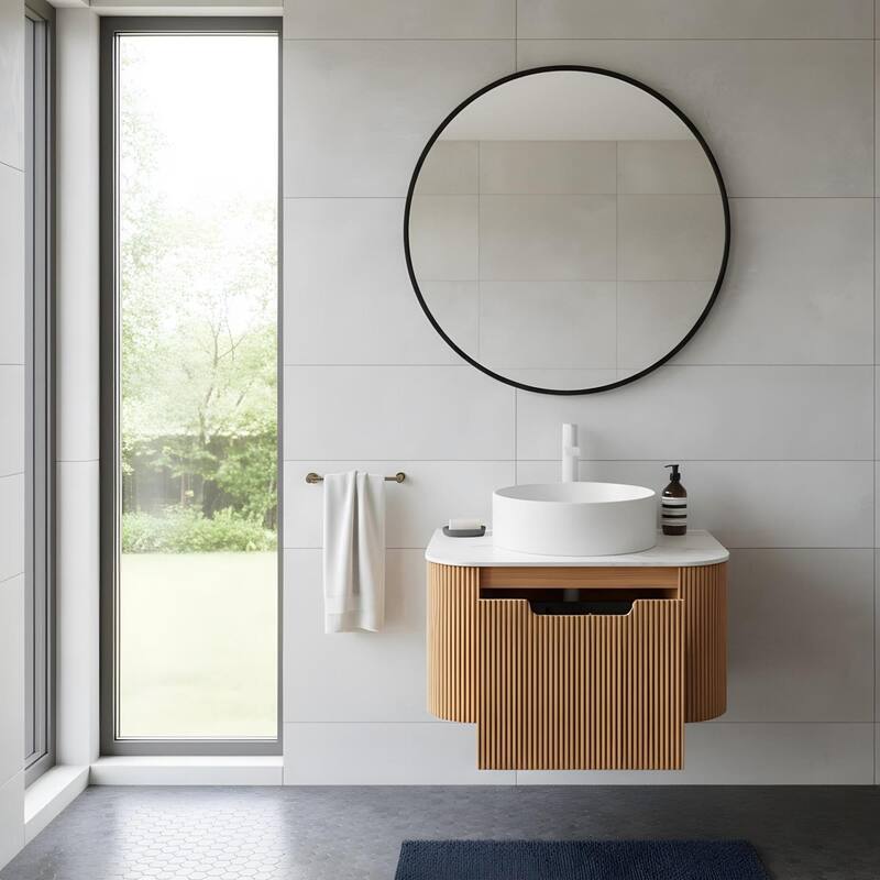Wall Mounted Bathroom with White Round Ceramic Basin and Drawer