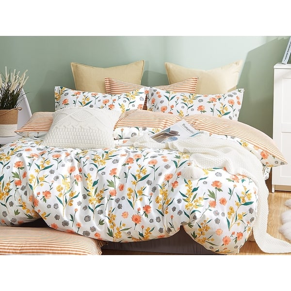 Estella Orange Floral 100 Cotton Reversible Duvet Cover Set On Sale