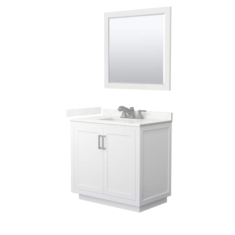 Miranda 36-inch Single Vanity, Quartz Top, 34-inch Mirror - White, Nickel Trim, Giotto Quartz Top