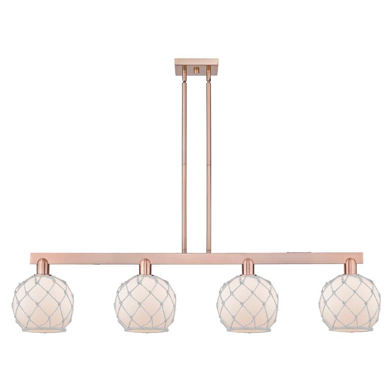 Innovations Lighting Endless Possibilities Arcadia - Farmhouse Rope - 4 Light 51" Stem Hung Island Light - White Glass with White Rope/Antique Copper