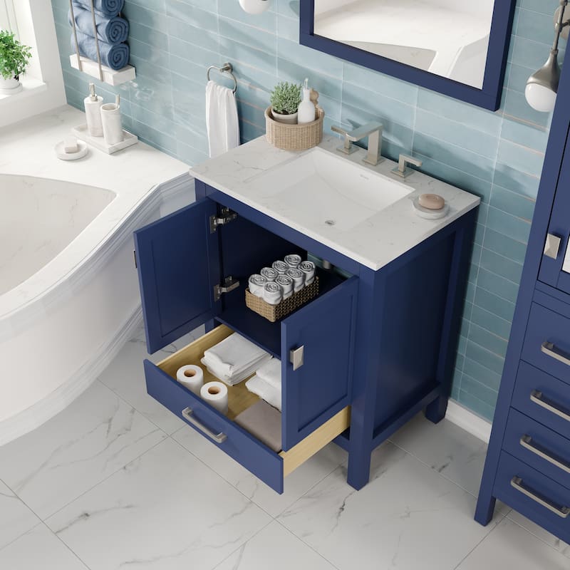 Eviva Aberdeen 24"W x 22"D Blue Bathroom Vanity with Carrara Quartz Countertop and Undermount Porcelain Sink