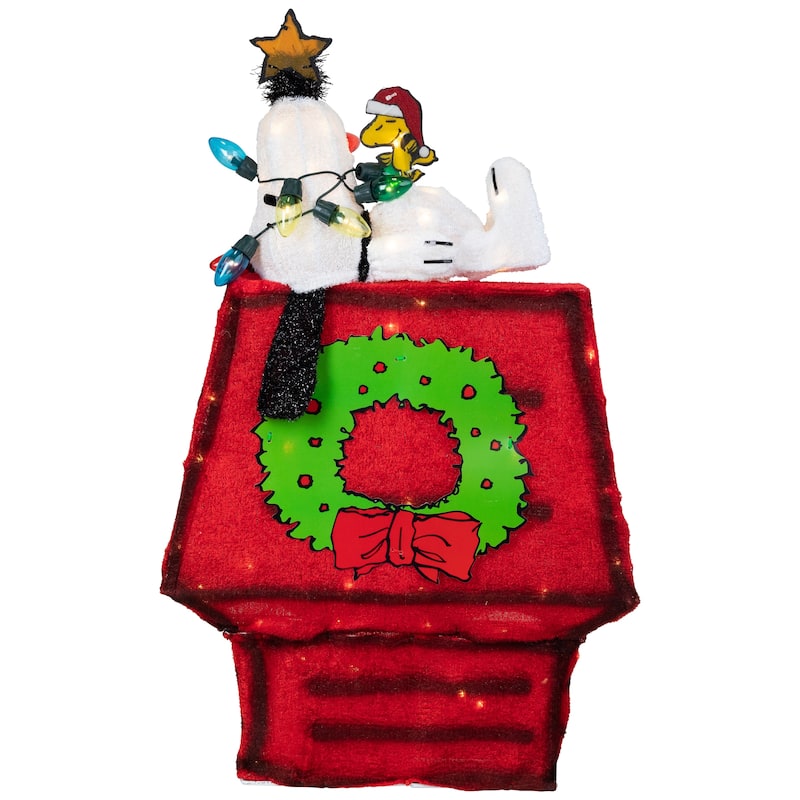 Lighted Snoopy on Dog House Outdoor Christmas Decoration - 18" - Clear Lights - Red