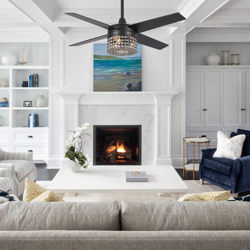 48 in. Modern Black Crystal Chandelier Ceiling Fan with Light Kit and Remote - 48 in. W X 48 in. D X 17 in. H