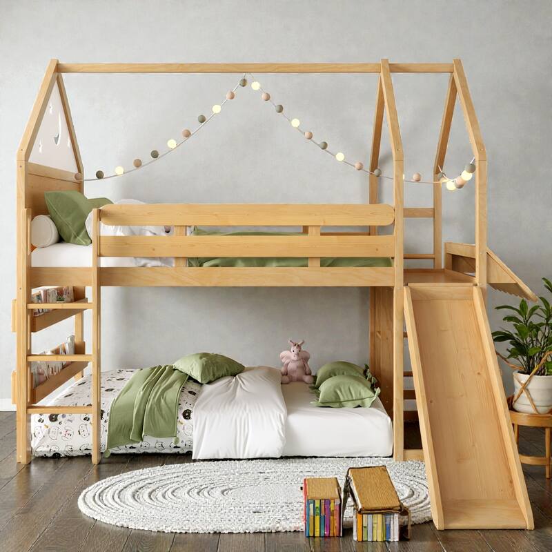 Full Size Kids Loft Bed with Bookshelf and Slide, House-Shaped Play Bed with Stairs, Safety Guardrails
