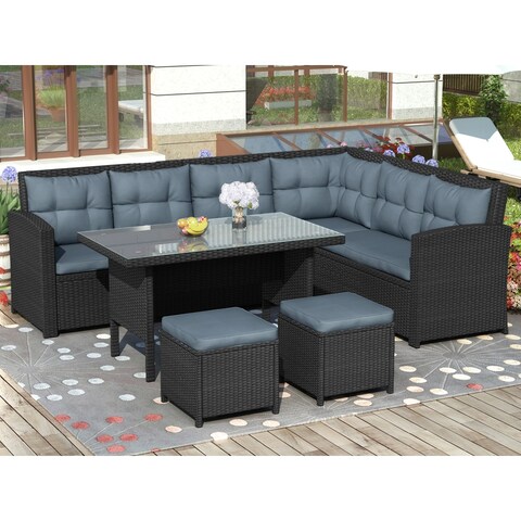 6-Piece Patio Furniture Set Outdoor Sectional Sofa with Glass Table
