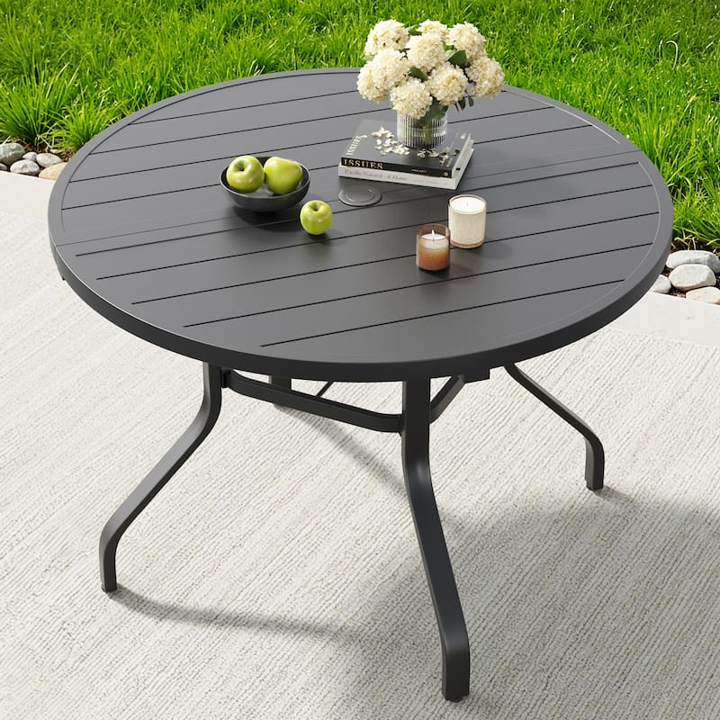 Round Outdoor Dining Table, 41" Round Patio Table Wood-Like Grain with 1.57" Umbrella Hole, Metal Outdoor Dining Tables