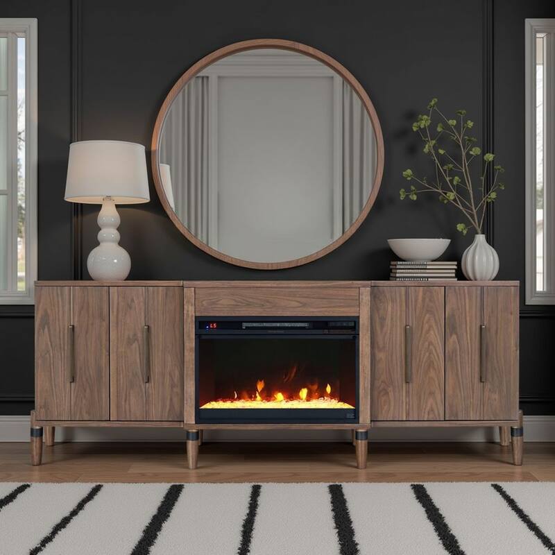 Bridgevine Home Tranquility 78 inch Fireplace TV Stand for TVs up to 90 inches, Minimal Assembly, Walnut Finish