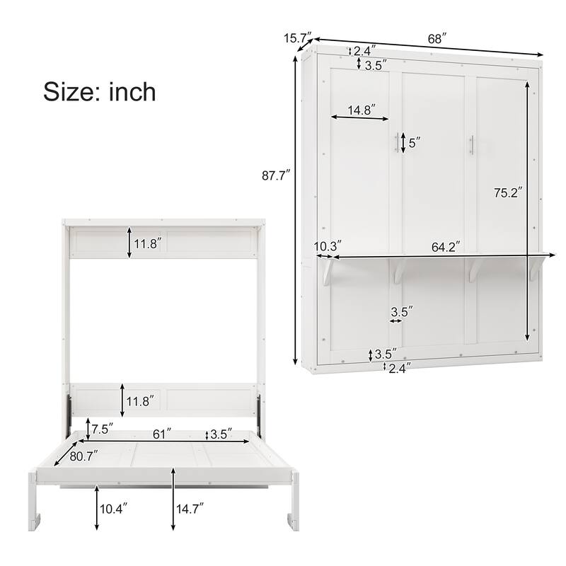 European Style Murphy Bed with Dual Piston System and Side Cabinet, Space-Saving Foldable Wall Bed Wood Bed Frame