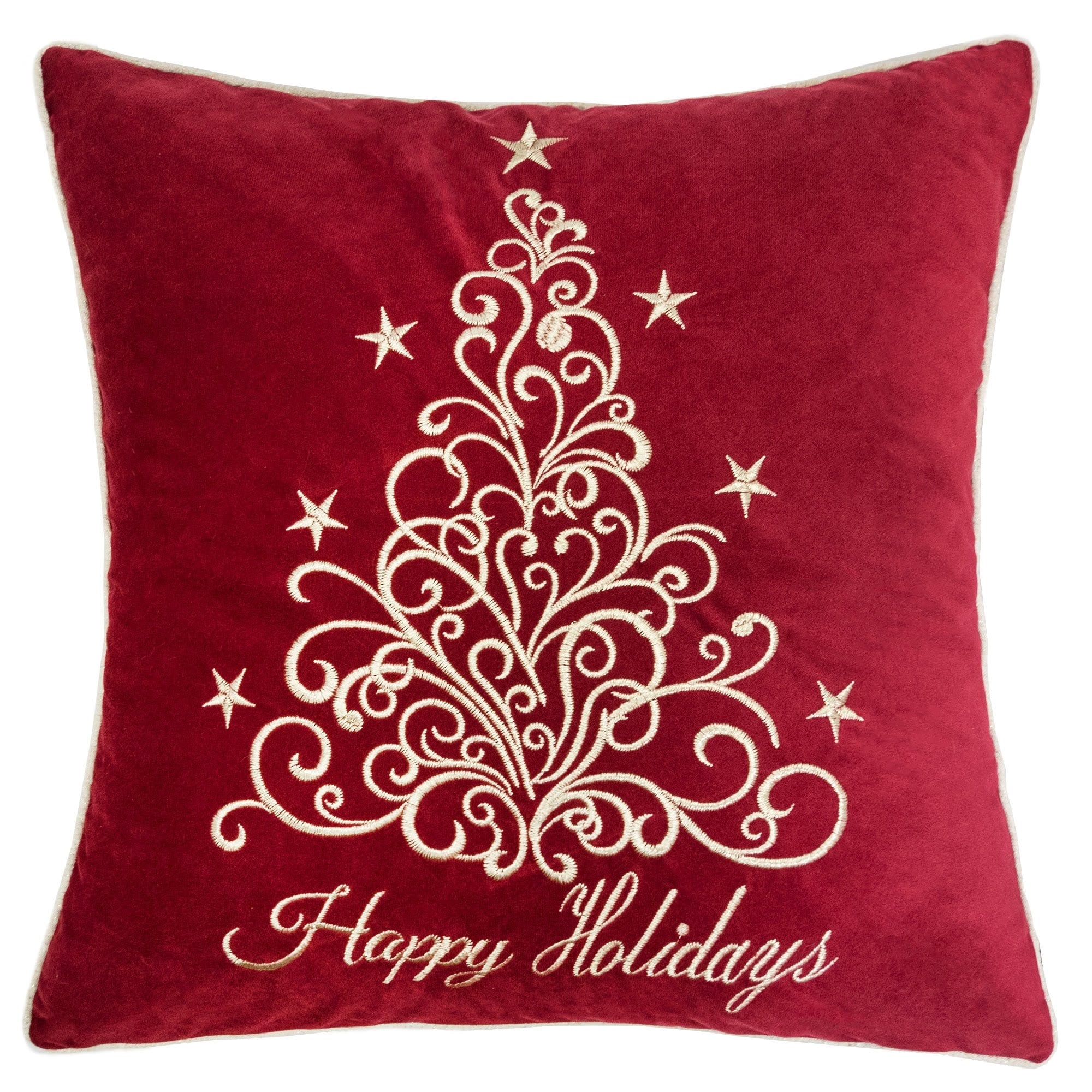 Happy Holidays Embroidered Velvet Throw Pillow - 20x20" Red Christmas Accent Cushion with Gold Detailing