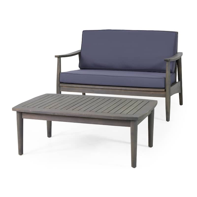 Acacia Wood Patio Loveseat Set with Cushion Coffee Table Minimalist Style