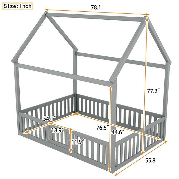 Full Size Wood House Bed with Fence and Door