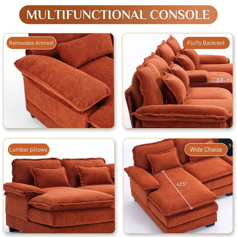 U-shaped Sectional Sofa Chenille Fabric Doudle Layer Cushion with USB Central Console