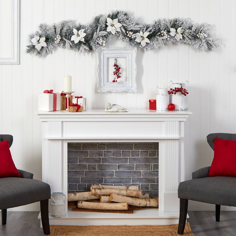 Pre-Lit Flocked Poinsettia and Berry Artificial Battery Operated Christmas Garland - 6' x 10" - Clear LED