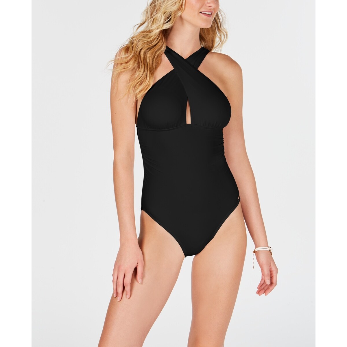 Michael Kors Women's Solid Convertible Ruched One Piece Swimsuit