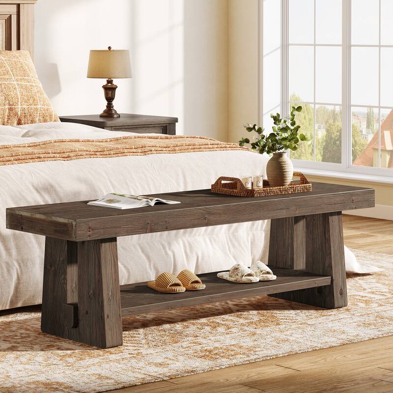 2-Tier Solid Wood Entryway Bench with Shelves, Dining Bed End Accent Seat for Dining Room Living Room Hallway Bedroom