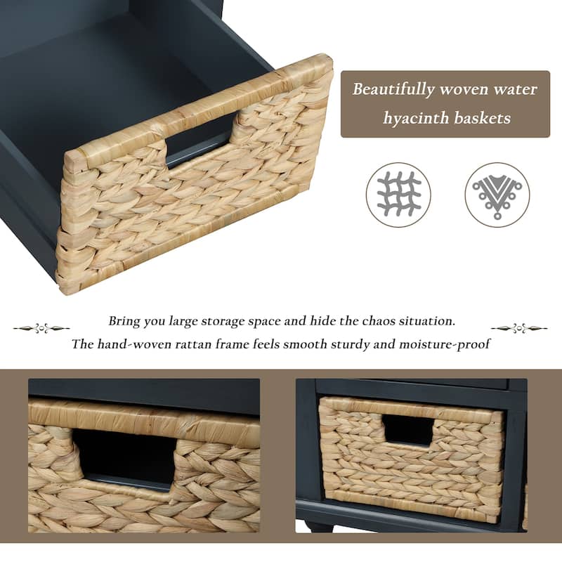 Storage Bench with 3 Drawers and 3 Rattan Baskets, Shoe Bench for Living Room, Entryway