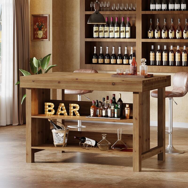 Solid Wood Bar Table, Open Storage Counter Height Pub Dining Table, Kitchen Dining/Living Room Basement Accent Bar Unit