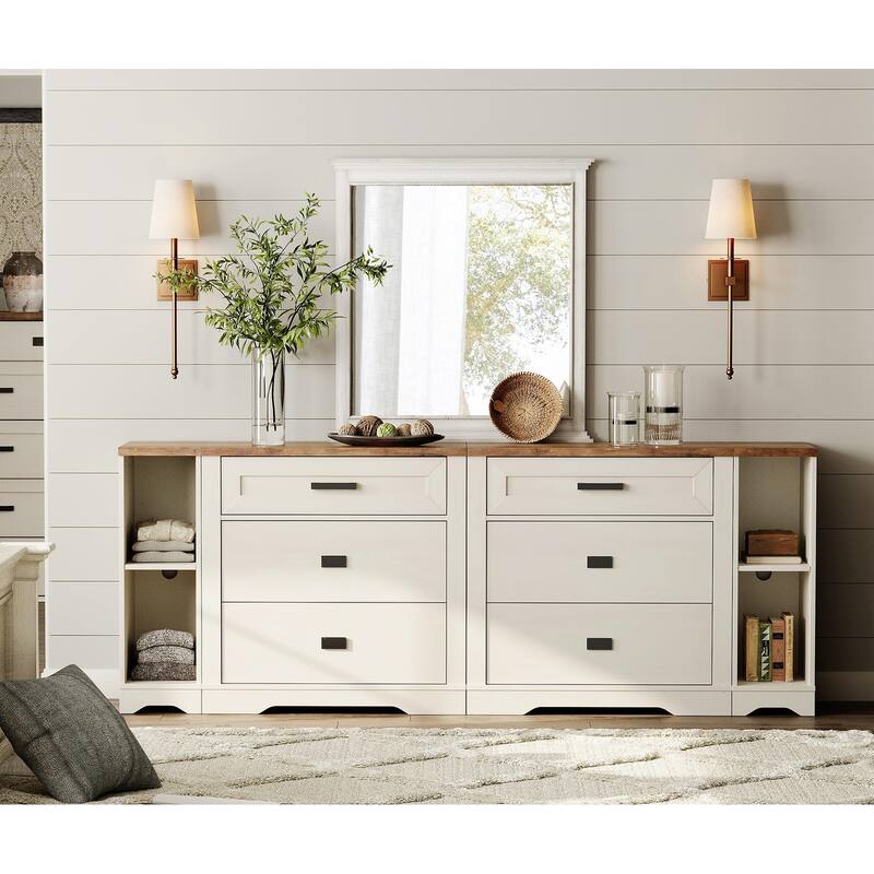 WAMPAT Farmhouse 4 in 1 Dresser TV Stand with 6 Drawers and Open Storage