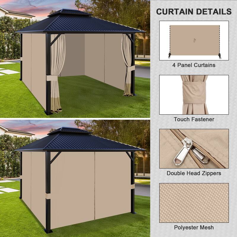 Aoodor 12x16 ft Outdoor Gazebo Curtains, 4 Panels Waterproof Privacy Sidewall Replacement with Zipper