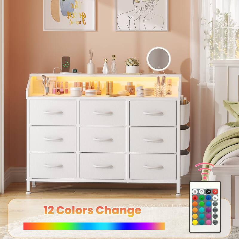 Dresser for Bedroom 9 Fabric Drawers Chest with Power Outlet LED Light