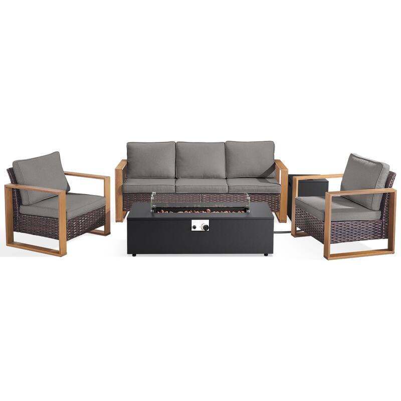 Meyreso Wicker Patio Conversation Set with Metal Fire Pit Table & 4.5-Inch Olefin Cushions