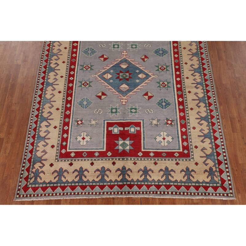 Gray Kazak Oriental Area Rug Dining Room Hand-Knotted Wool Carpet - 6'11" x 9'3"