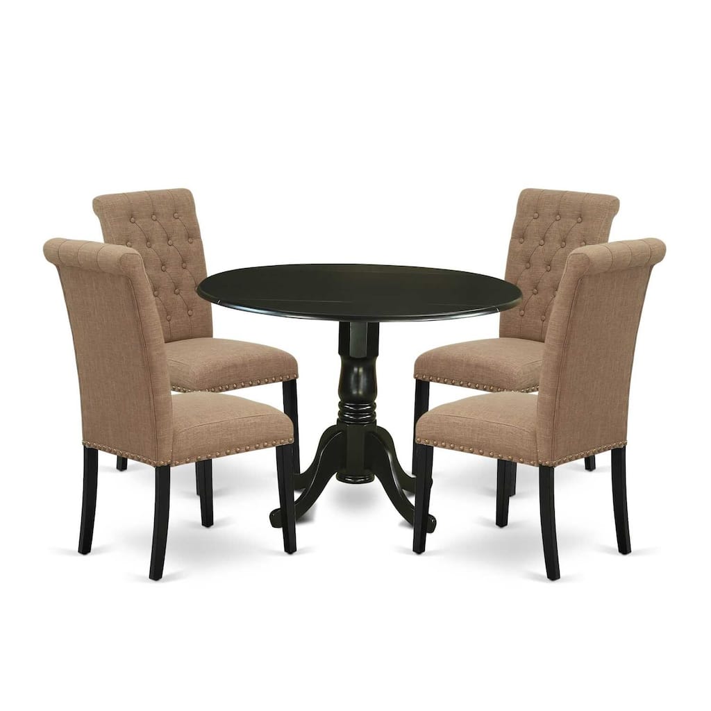 HomeStock 5-Piece Round Black Finish Solid Wood Top Dining Table with 4 Parson Chair with Drop Leaf Lattice Back