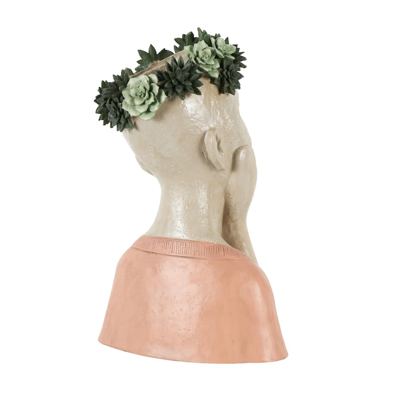 Resin Woman Bust Indoor Outdoor Planter with Succulent or Flower Crown and Orange or Blue Top - Beige - Roche River Decor