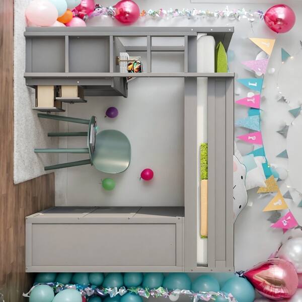 slide 2 of 10, Wood Twin Size Loft Bed with Wardrobes and 2-Drawer Desk with Cabinet,Gray Gray