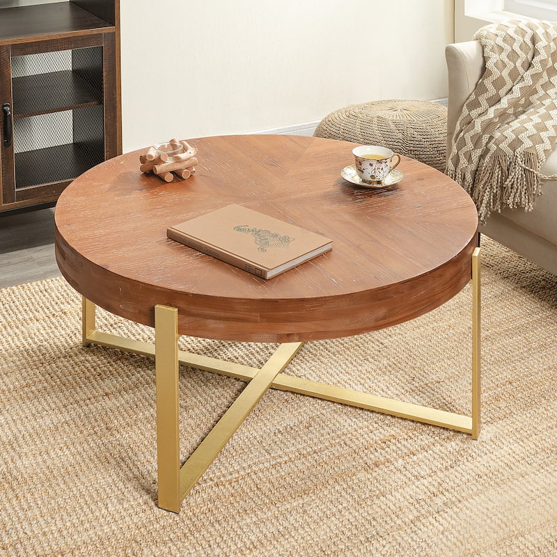 Modern Retro Splicing Round Coffee Table, Fir Wood Top with Cross Legs