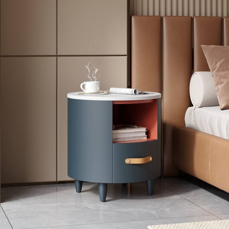 Modern Round Nightstand with Storage Drawer and Open Storage Shelf for Living Room - Blue