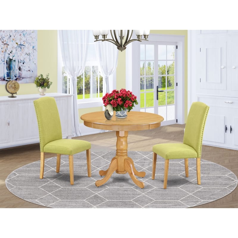Round Dining Table Set - 36 Inch Table & 2 Chairs - Linen Fabric - Solid Wood Base