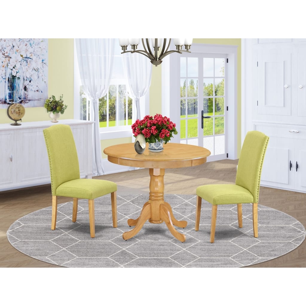 Round Dining Table Set - 36 Inch Table & 2 Chairs - Linen Fabric - Solid Wood Base
