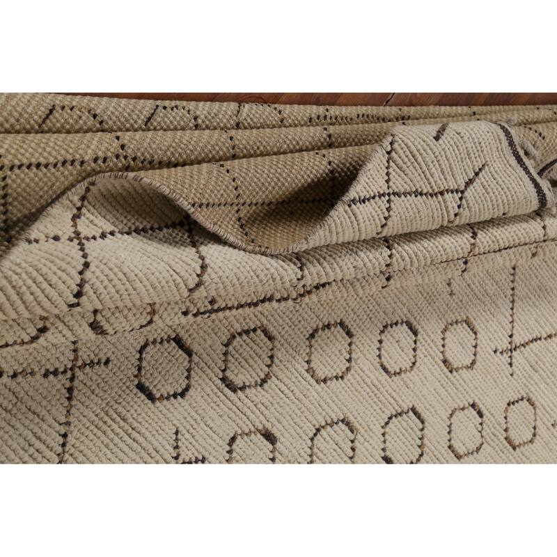 Ivory Trellis Moroccan Rug Hand-Knotted Striped Wool Carpet - 8'1"x 10'4"