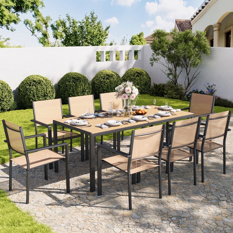 5/7/9-Piece Stackable Textilene Dining Set, WPC Tabletop, Rust-Resistant, w Umbrella Hole, Swivel Available