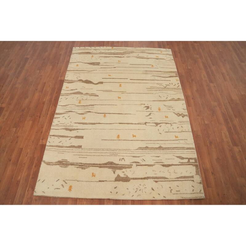 Hand Knotted Oriental 100% Wool Carpet Tribal Modern Beige & Ivories Gabbeh Area Rug - 7' 7'' X 5' 4''