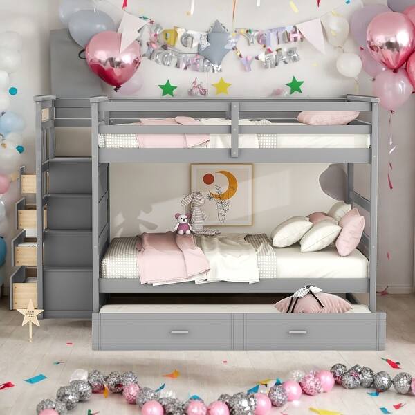 slide 2 of 13, Full Over Full Elegant Bunk Bed with Twin Size Trundle & Staircase,Built-In Storage,Sophisticated & Practical Bunk Bed Gray