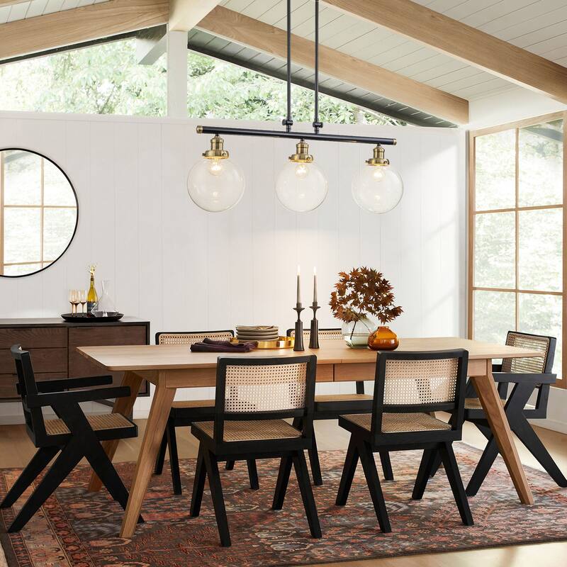 34.5" W 3-Light Industrial Black and Gold Linear Adjustable Island Pendan Light with Clear Seeded Glass Globe for Dining Room