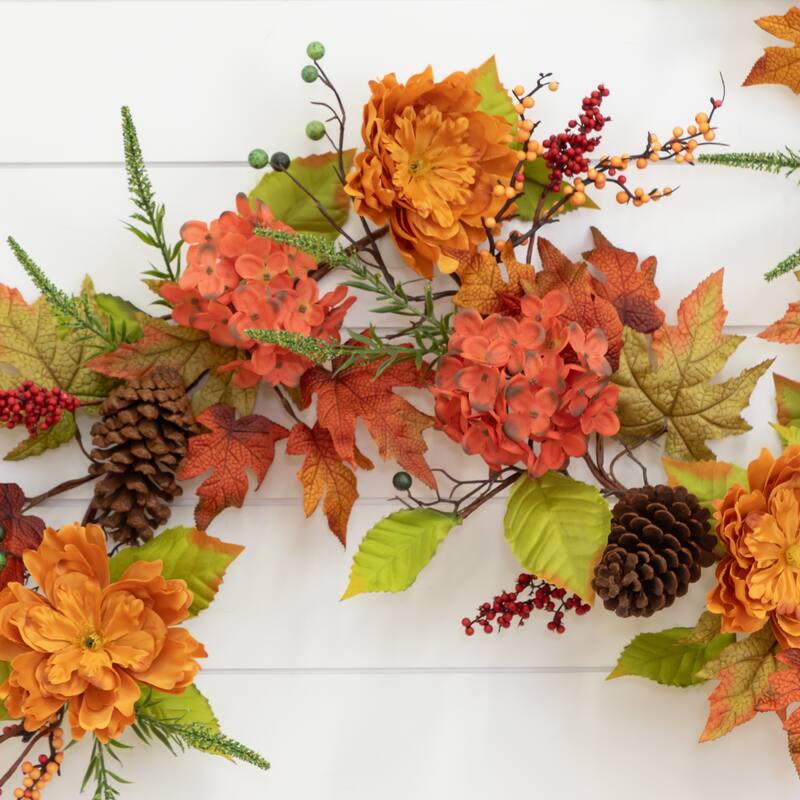 6' Fall Ranunculus, Hydrangea and Berries Autumn Artificial Garland - 72
