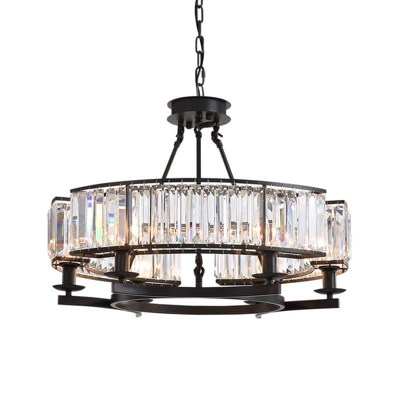 26 in. Round Crystal Chandelier Black Industrial Dining Room Light Fixtures 6-Light for Farmhouse Living Room Foyer