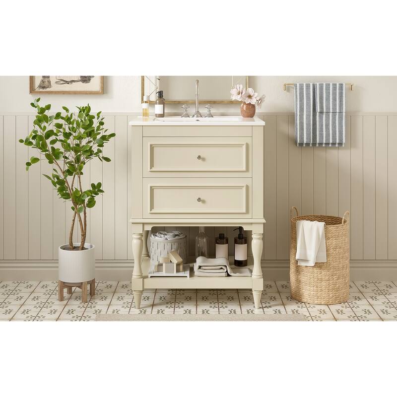24" Bathroom Vanity with Ceramic Sink, Bathroom Storage Cabinet with Open Shelf, Retro Design Bathroom Cabinet with 2 Drawers