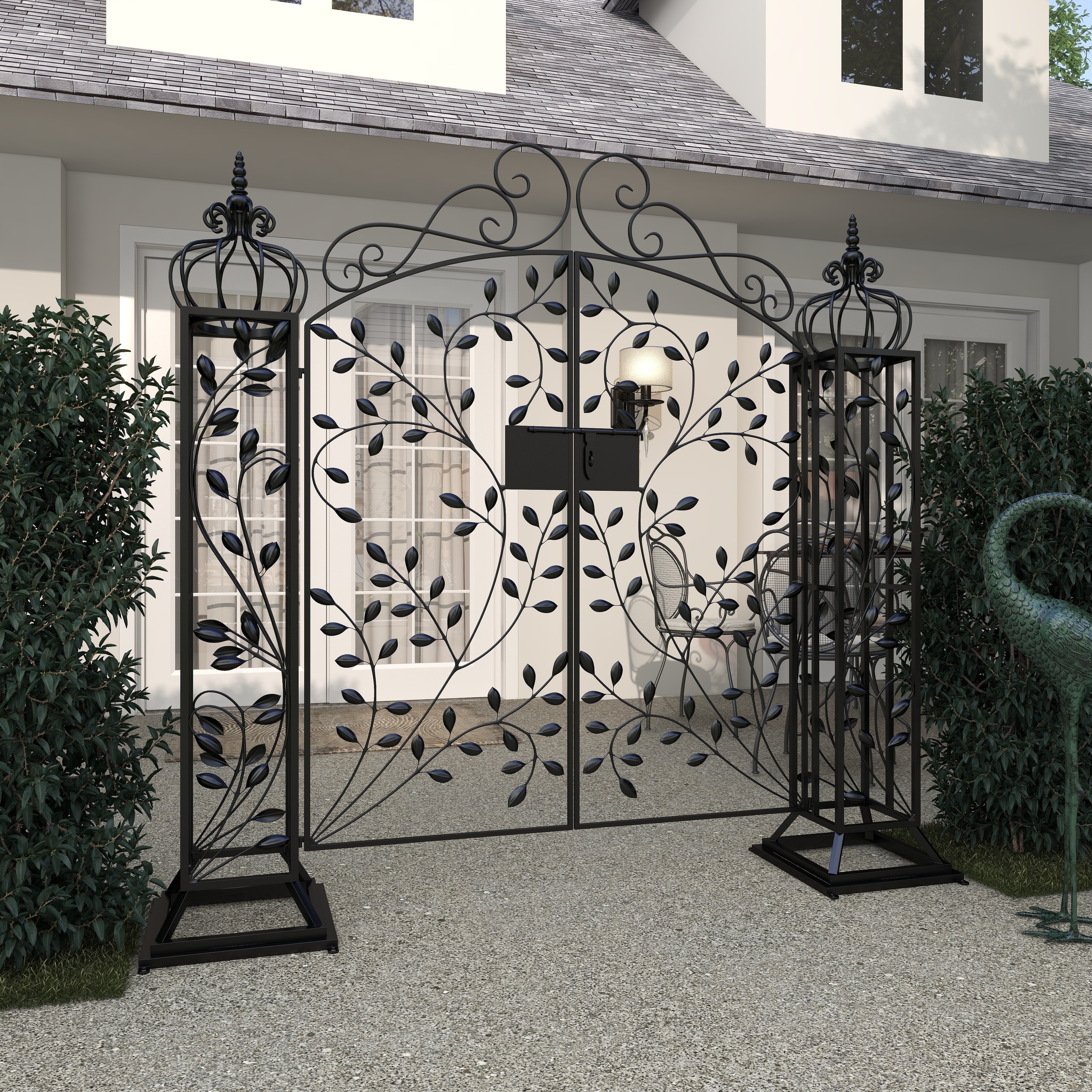 Black Metal Indoor Outdoor Scrollwork Arched Gate Garden Arbor