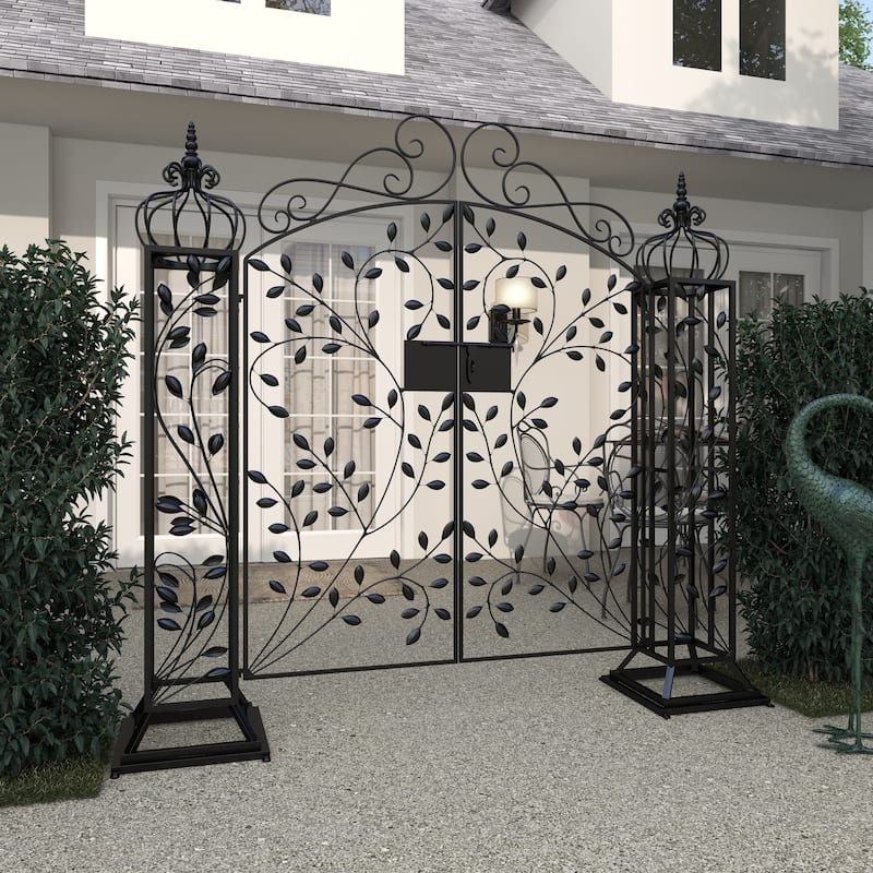 Black Metal Indoor Outdoor Scrollwork Arched Gate Garden Arbor with Vines and Latch Lock Closure