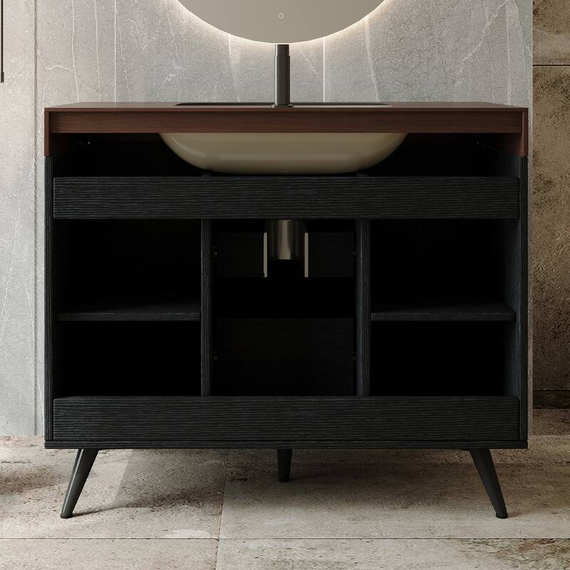 36" Modern Freestanding Bathroom Vanity with Sintered Stone Top, Ceramic Sink & Smart Storage