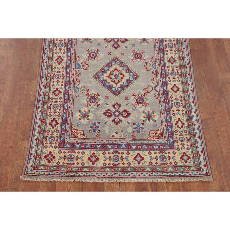 Gray Geometric Kazak Accent Rug Handmade Wool Carpet - 3'3" x 5'0"