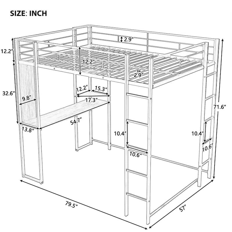 Merax Metal Full Size Loft Bed with Desk
