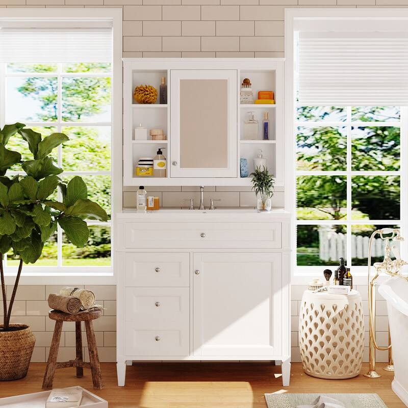 36'' Bathroom Vanity Set with Mirror Cabinet, Modern Bathroom Storage Cabinet with 2 Soft Closing Doors and 4 Drawers